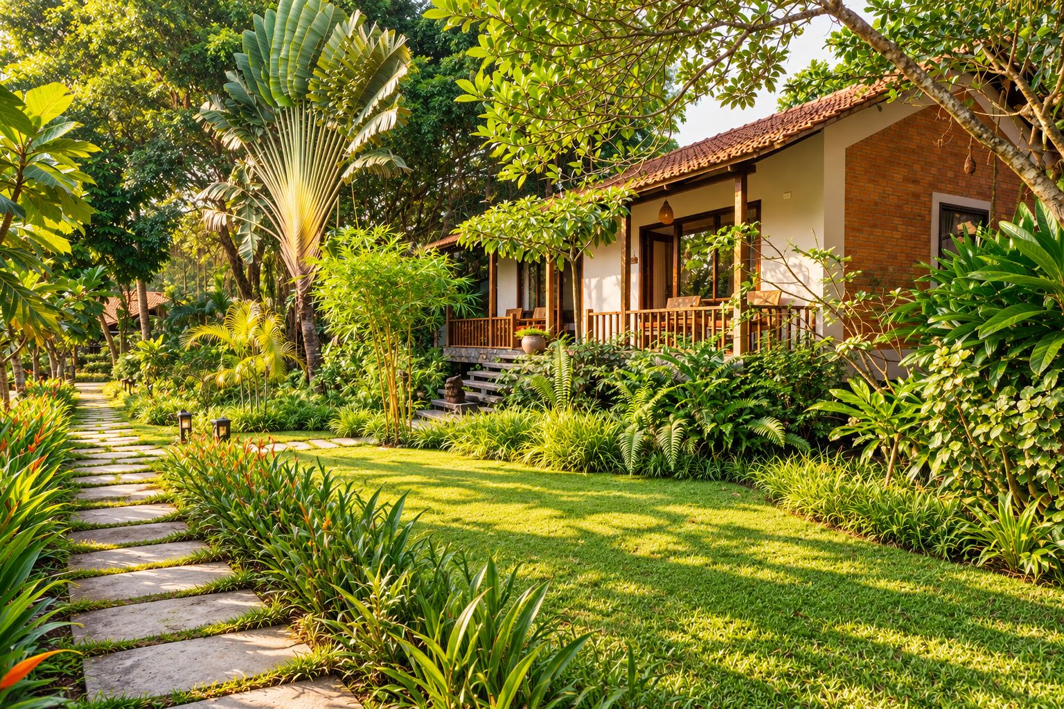 A garden pathway leading to a building with a porch and a brick wall.