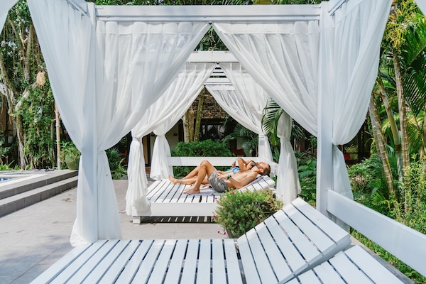 Outdoor pool, pool umbrellas, pool loungers