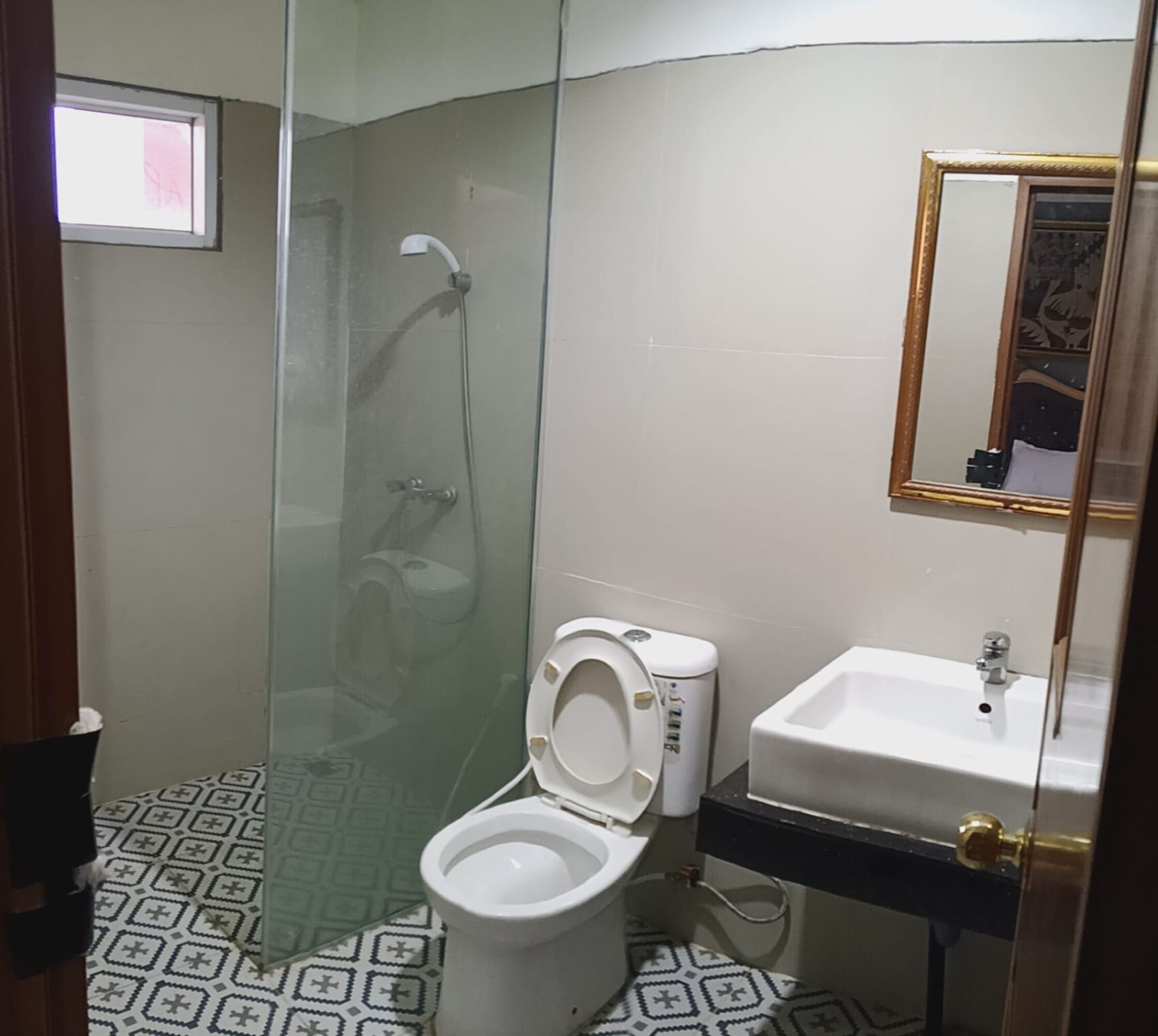 A bathroom with a glass-enclosed shower, a toilet, a sink, and a mirror.