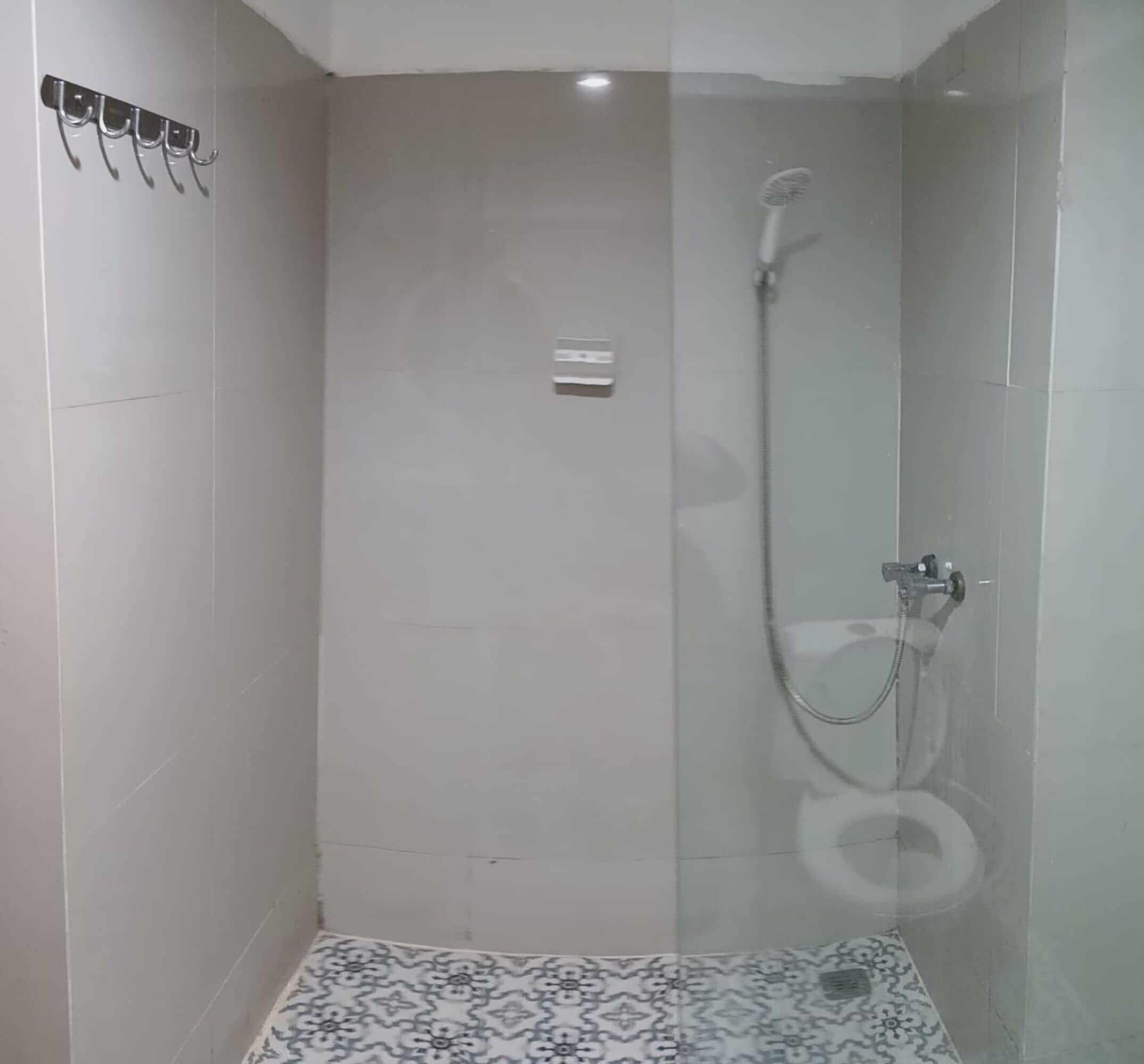 A glass-enclosed shower stall with a handheld showerhead and a wall-mounted control panel.