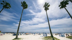 A beach with palm trees, umbrellas, and beachgoers. - Wakamatsu Chita Hot Spring Resort  (Minamichita)