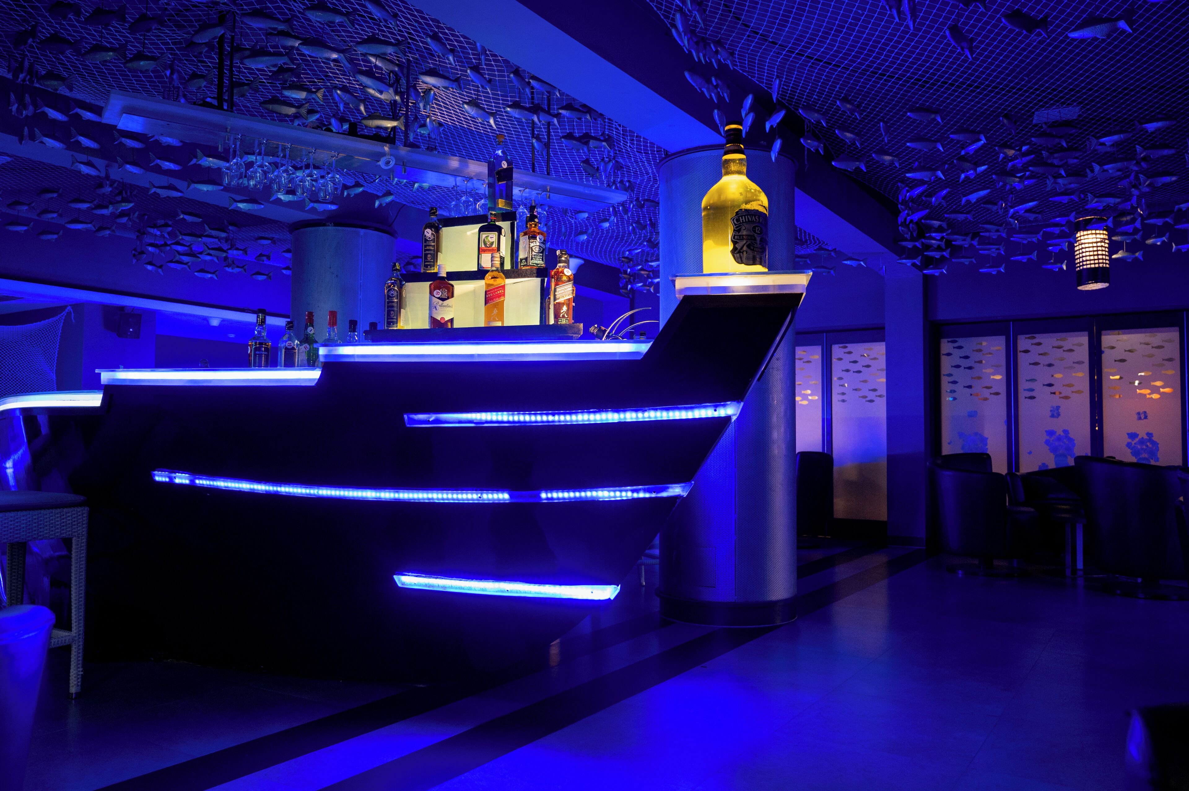 Een barruimte met een opvallend plafond in de vorm van vissen en blauwe sfeerverlichting.