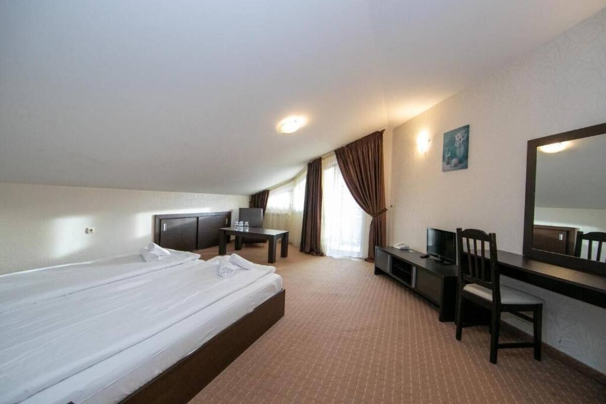 A hotel room with a single bed, a desk with a chair, a television, and a large mirror.