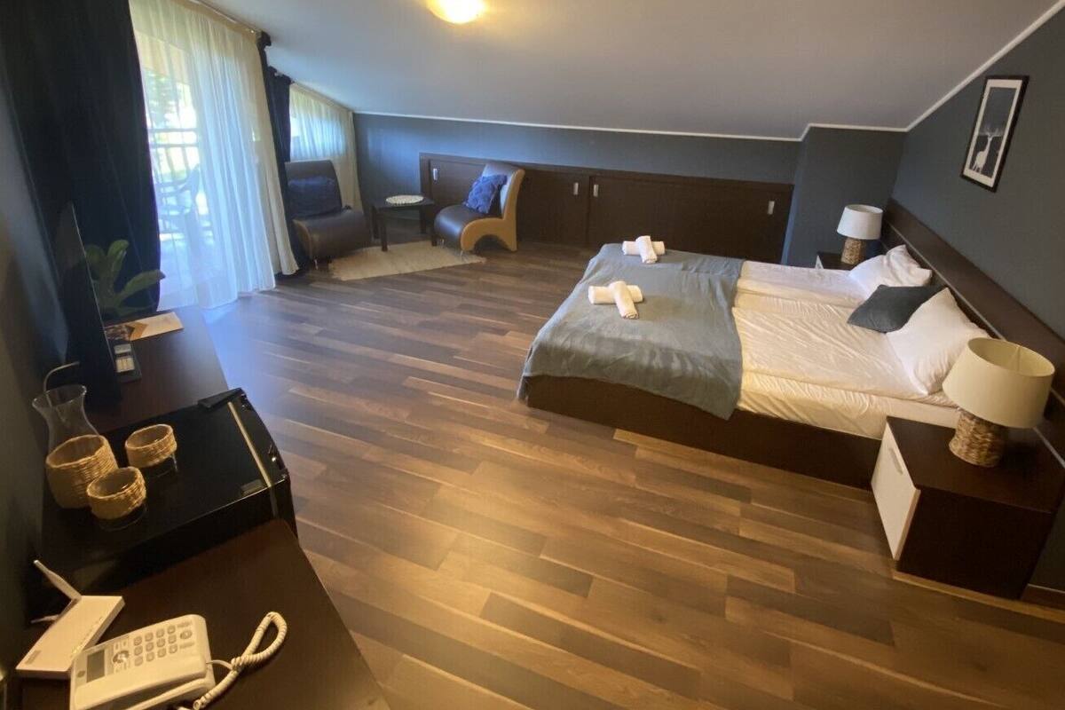 A hotel room with a large bed, a desk with a telephone, a chair, and a bedside table with a lamp.
