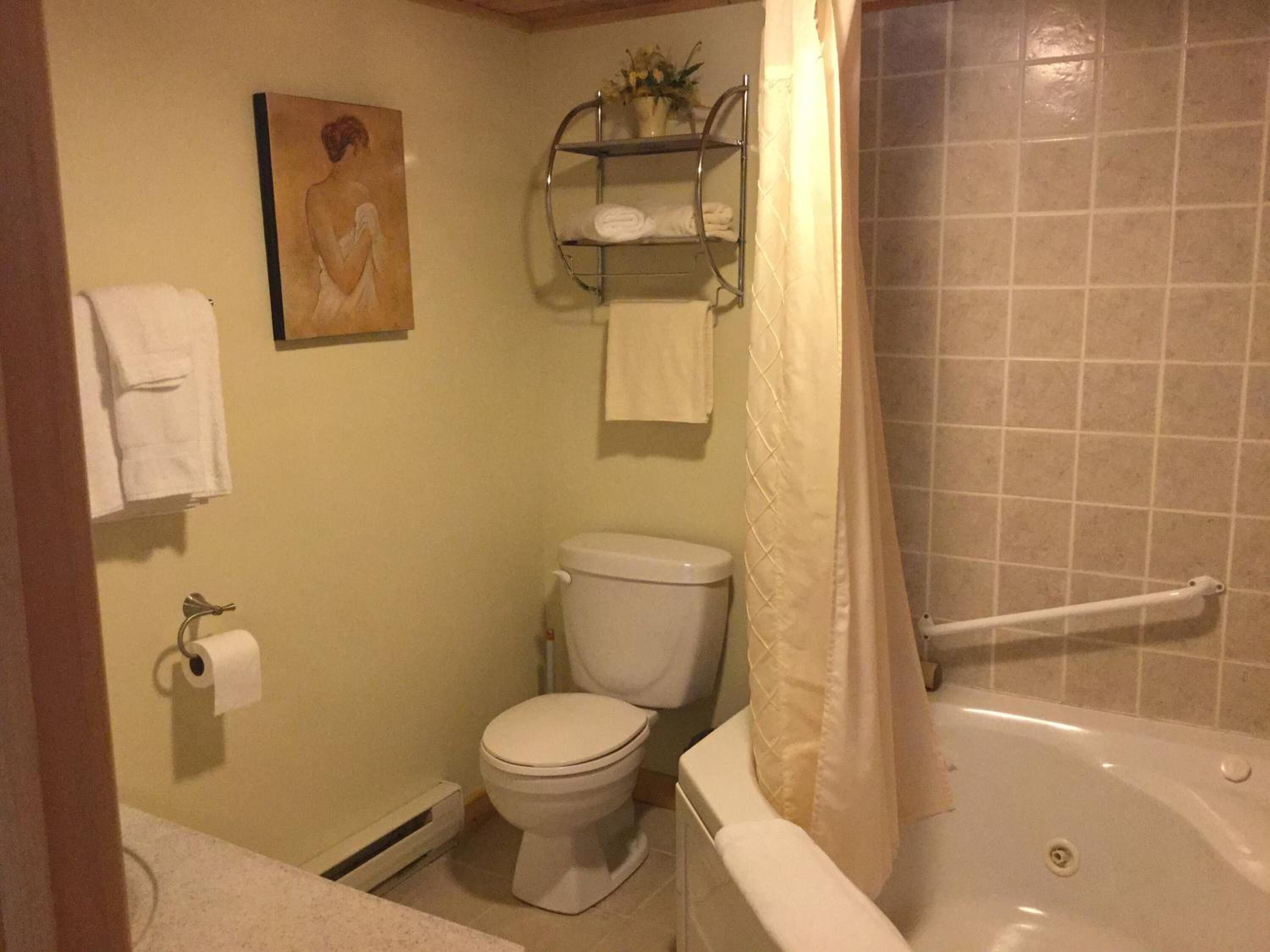 Ein Badezimmer mit Toilette, einer Badewanne, einer Duschvorhang, einem Handtuchhalter mit Handtüchern und einem Bild an der Wand.