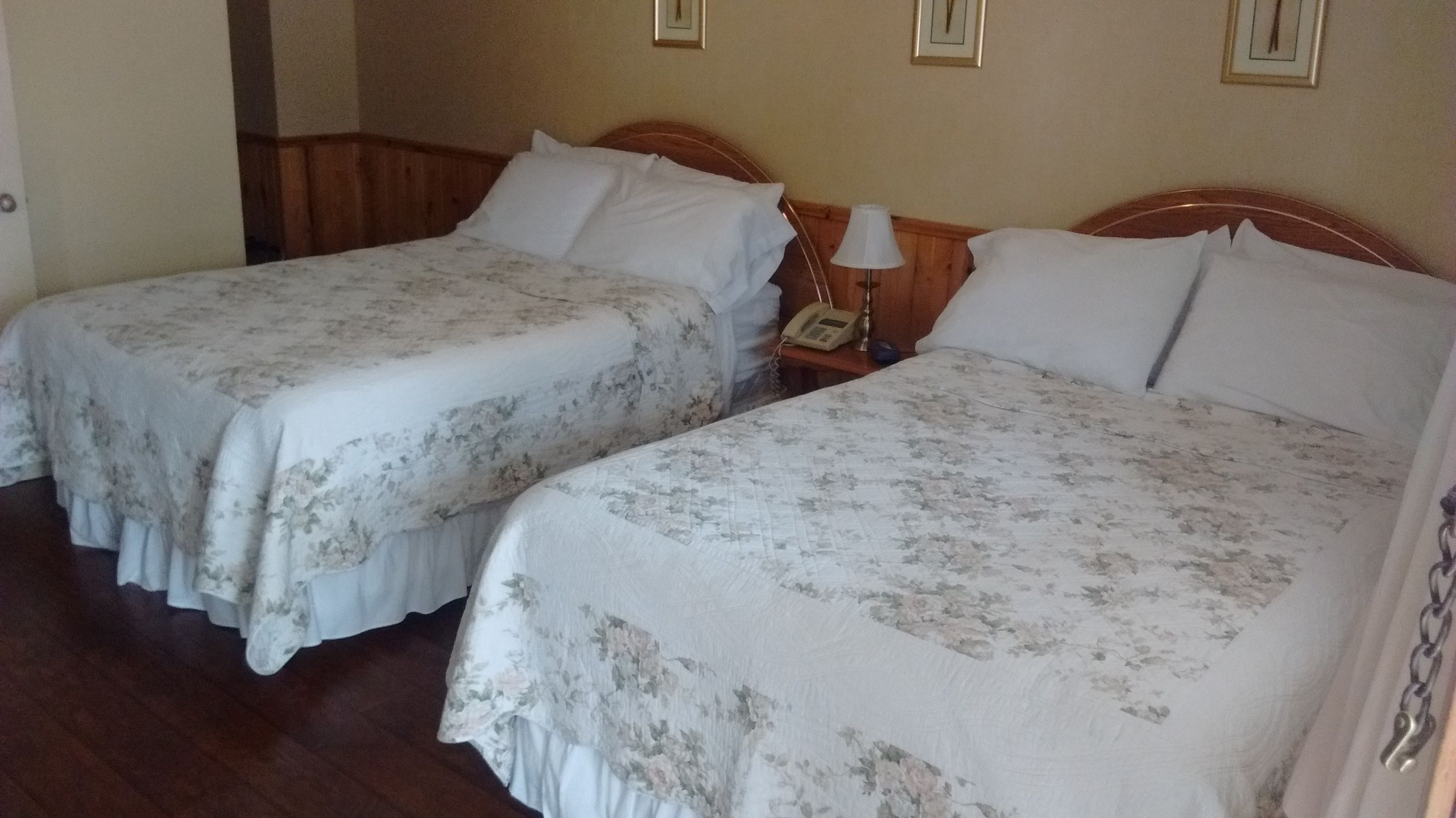 Two single beds with floral bedding, wooden headboards, and a bedside table with a lamp.