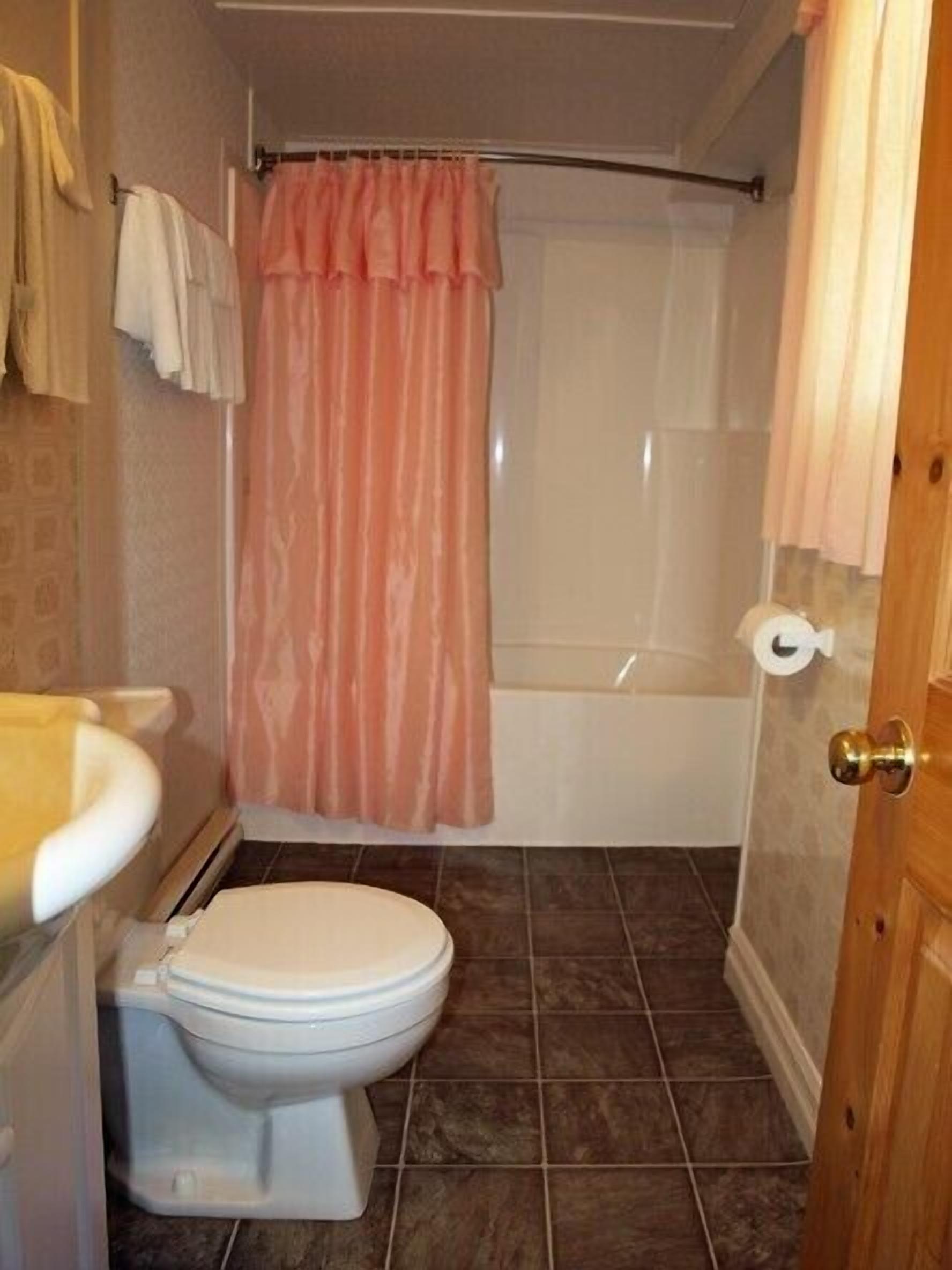 Un baño con inodoro, lavabo y zona de ducha.