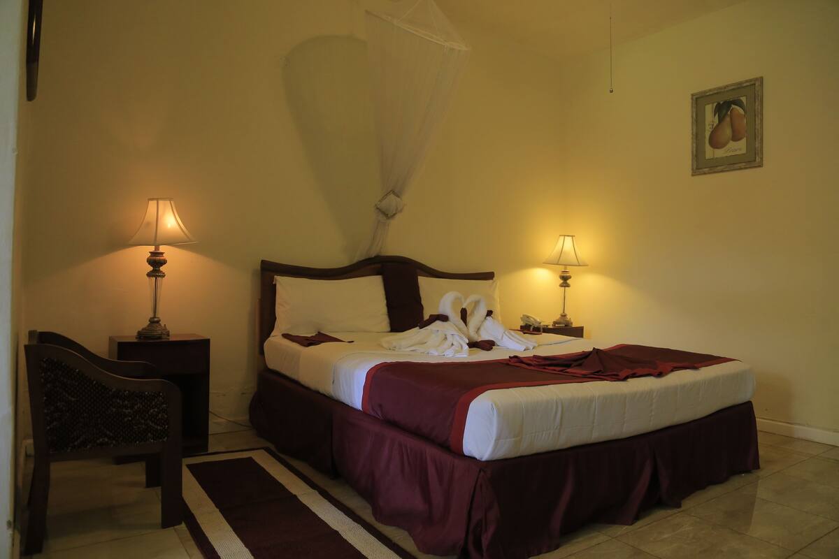A hotel room with a bed, two bedside tables with lamps, a chair, a hanging mosquito net, and a framed picture on the wall.