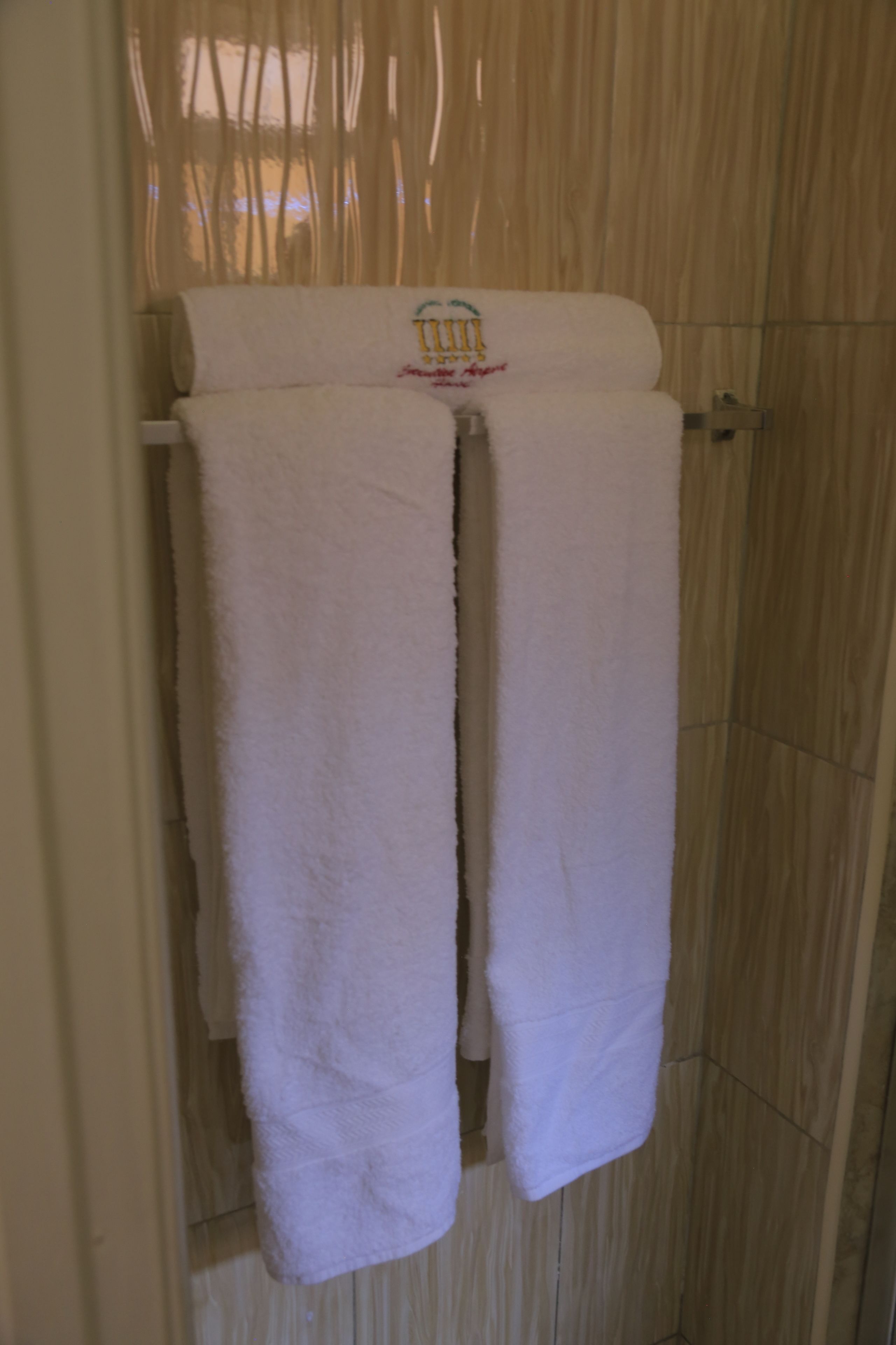 A bathroom with two white towels hanging on a rack.