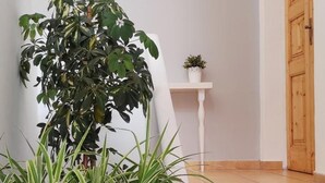 A staircase with a potted plant in the foreground, a small table with a plant on it, and a wooden door in the background. - Apulia Bed & Breakfast (Mattinata)
