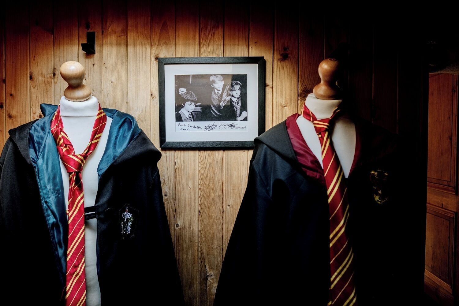 Dos maniquíes vestidos con túnicas y corbatas académicas, con un retrato enmarcado en la pared detrás.