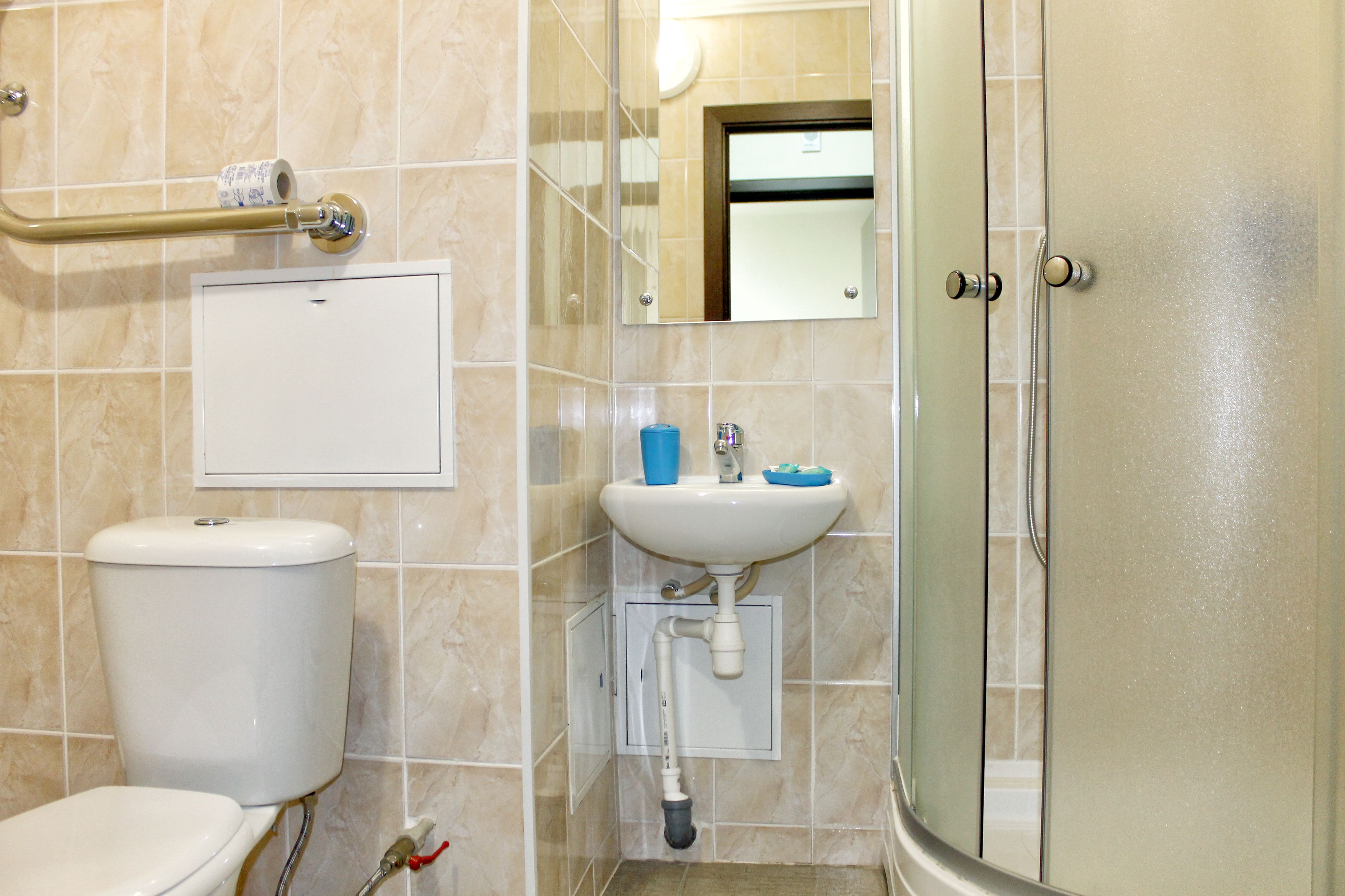 free toiletries, hair dryer, towels