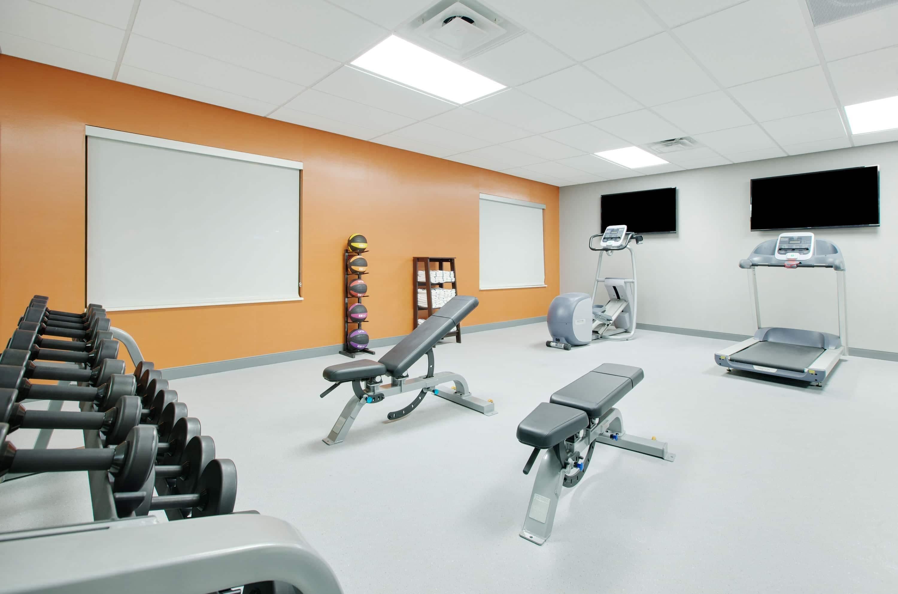 A gym with exercise equipment, a treadmill, and a stationary bike.