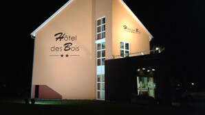 A building with the sign "Hotel des Bois" and a staircase leading to the entrance. - Hotel des bois (Seltz)