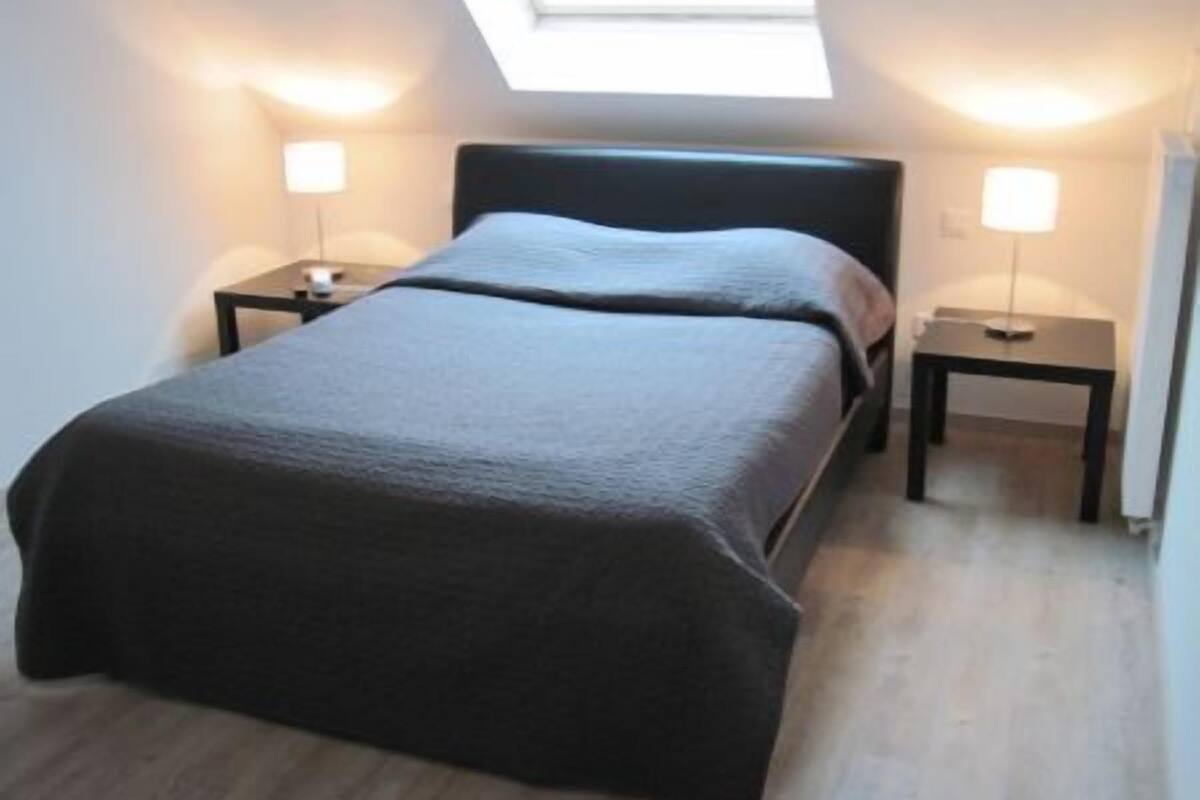 A bedroom with a skylight, a bed with a dark headboard, two bedside tables with lamps, and a wooden floor.