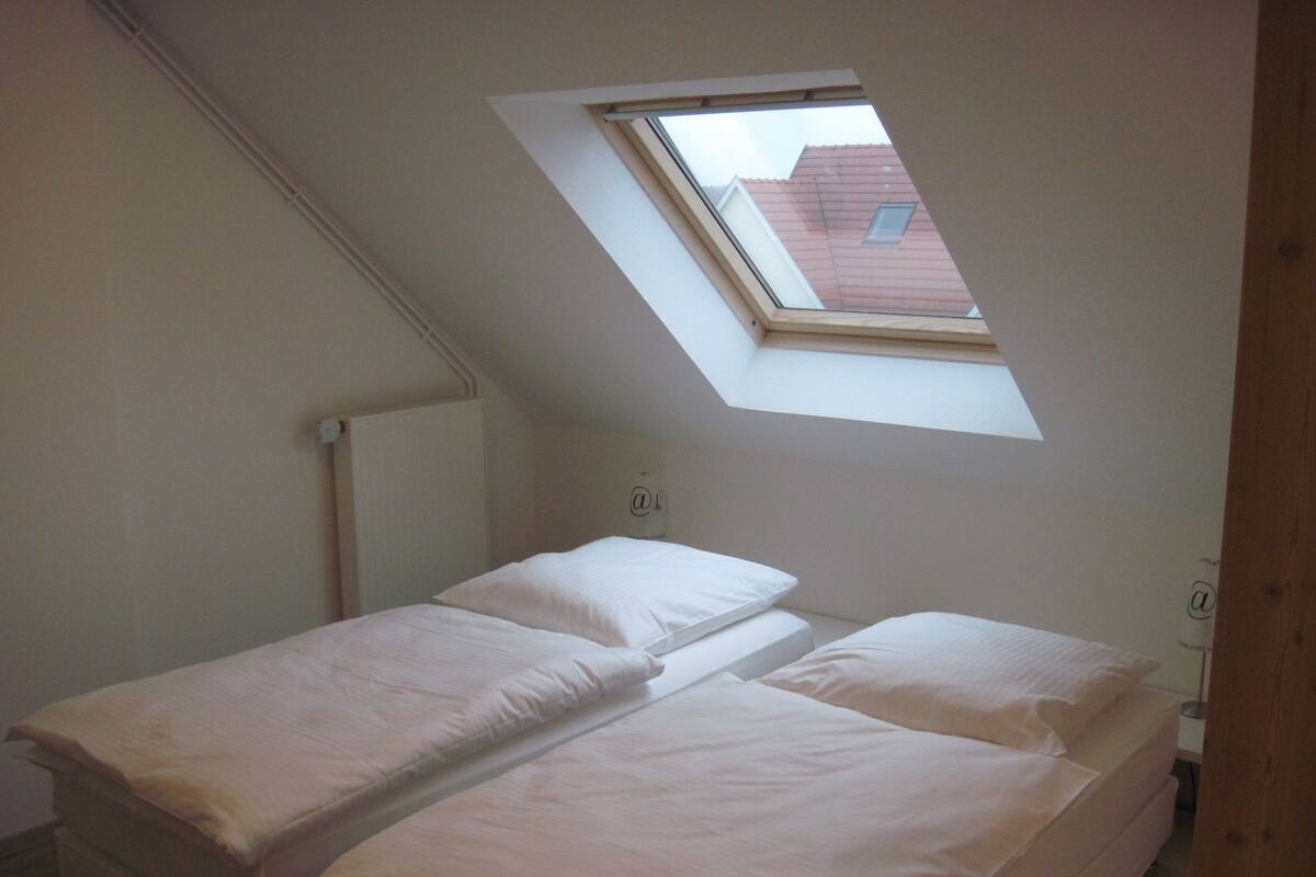 A small, single-bed room with a sloped ceiling and a skylight.