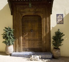 Uma porta de madeira com esculturas detalhadas, emoldurada por vasos de plantas, e um degrau de entrada ladrilhado.
