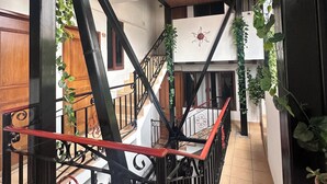 Un intérieur à plusieurs niveaux, avec un escalier, un plafond en bois et des plantes en pot.
