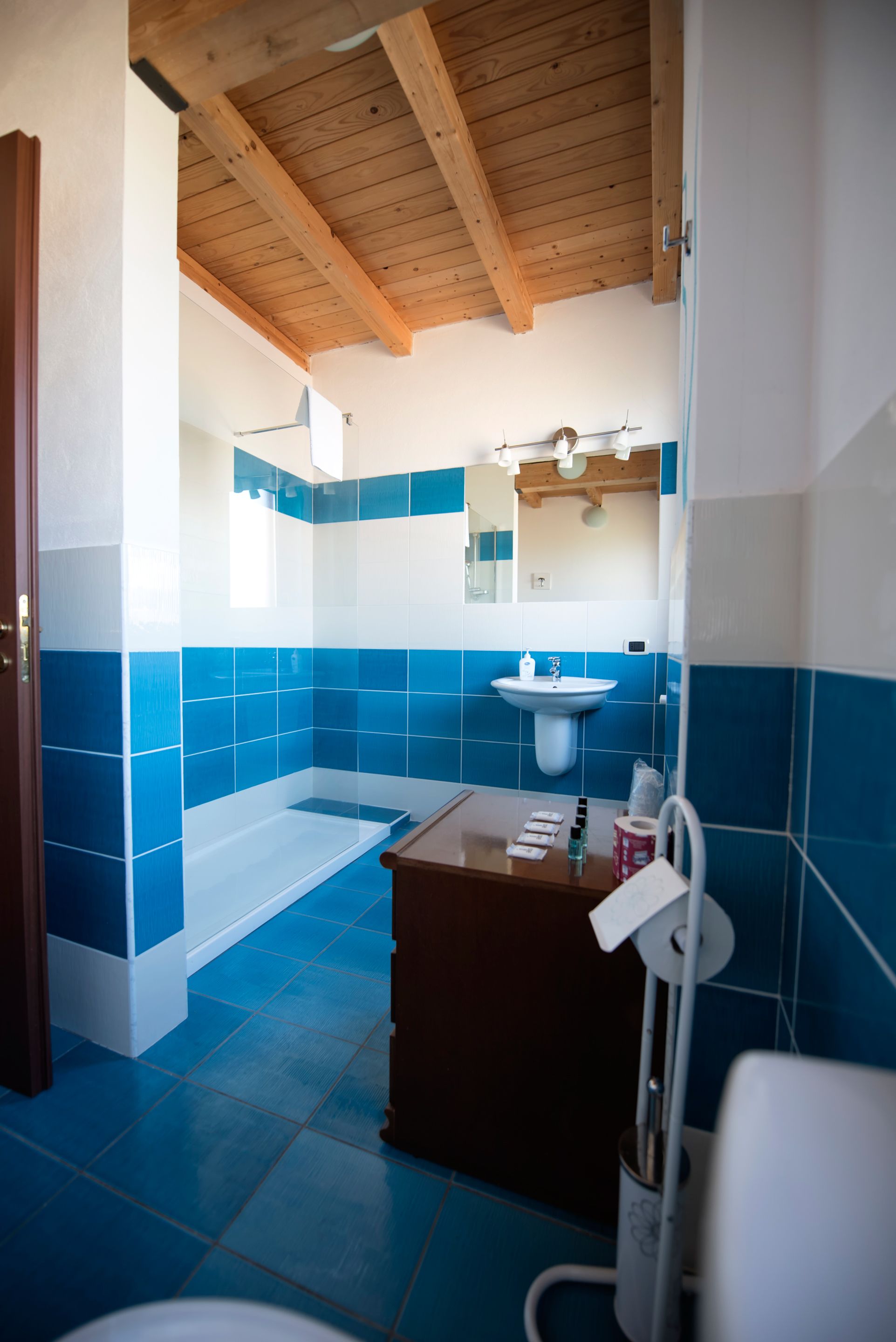 Un baño con azulejos azules y blancos, techo de madera, lavamanos y zona de ducha.
