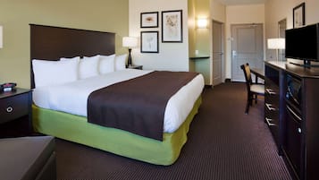 Desk, laptop workspace, blackout drapes, iron/ironing board