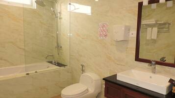 Combined shower/bathtub, deep-soaking bathtub, rainfall showerhead