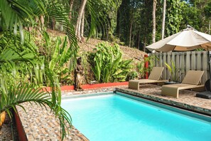 Outdoor pool, open 9 AM to 8 PM, pool loungers