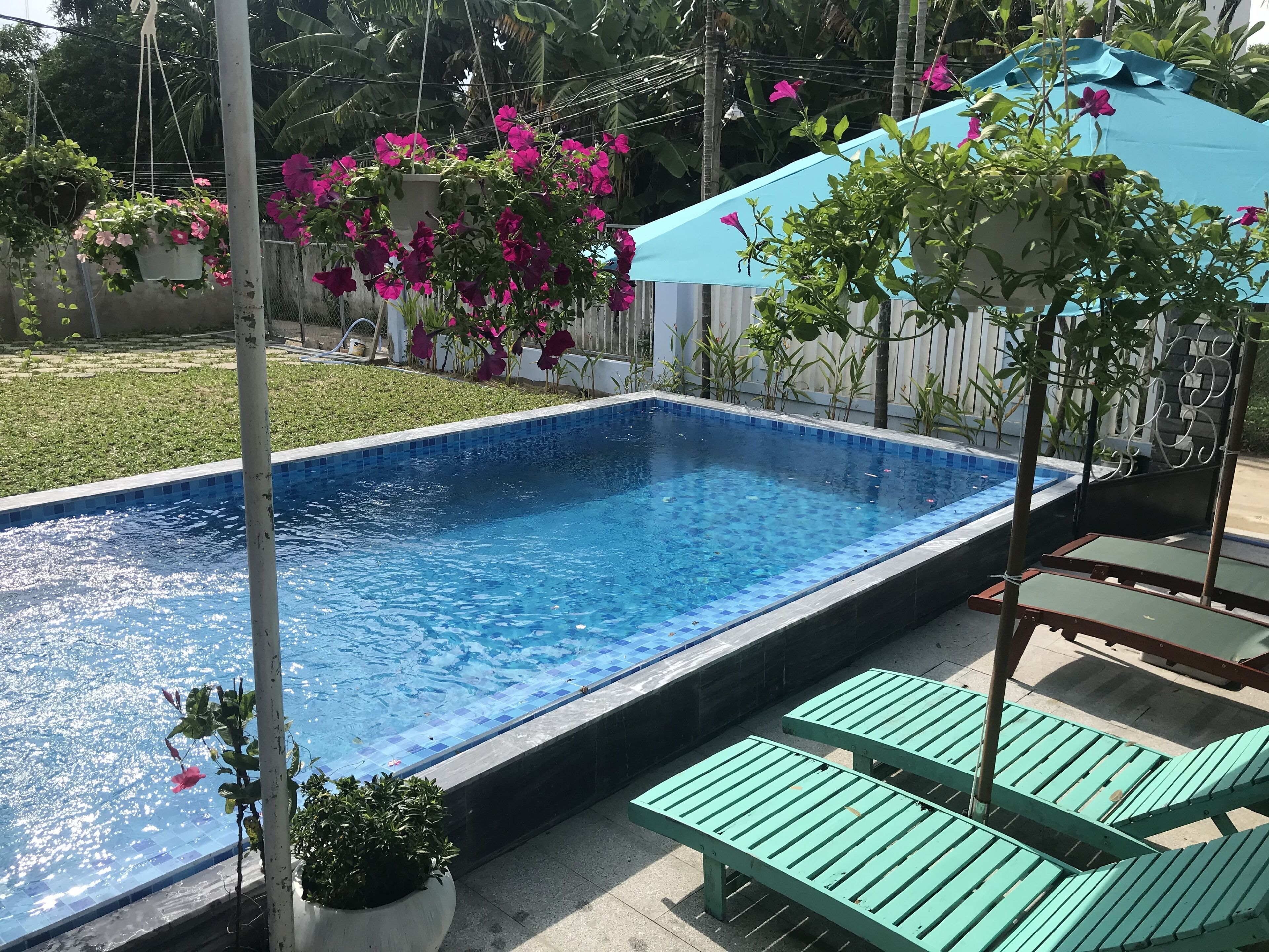 Una piscina rettangolare con bordo piastrellato, circondata da un solarium in cemento. Sono presenti due poltrone verdi e un ombrellone blu che offre ombra.