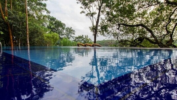 A clear view of a swimming pool surrounded by lush greenery and trees. - Lake Serenity Boutique Hotel (Kuruwita)
