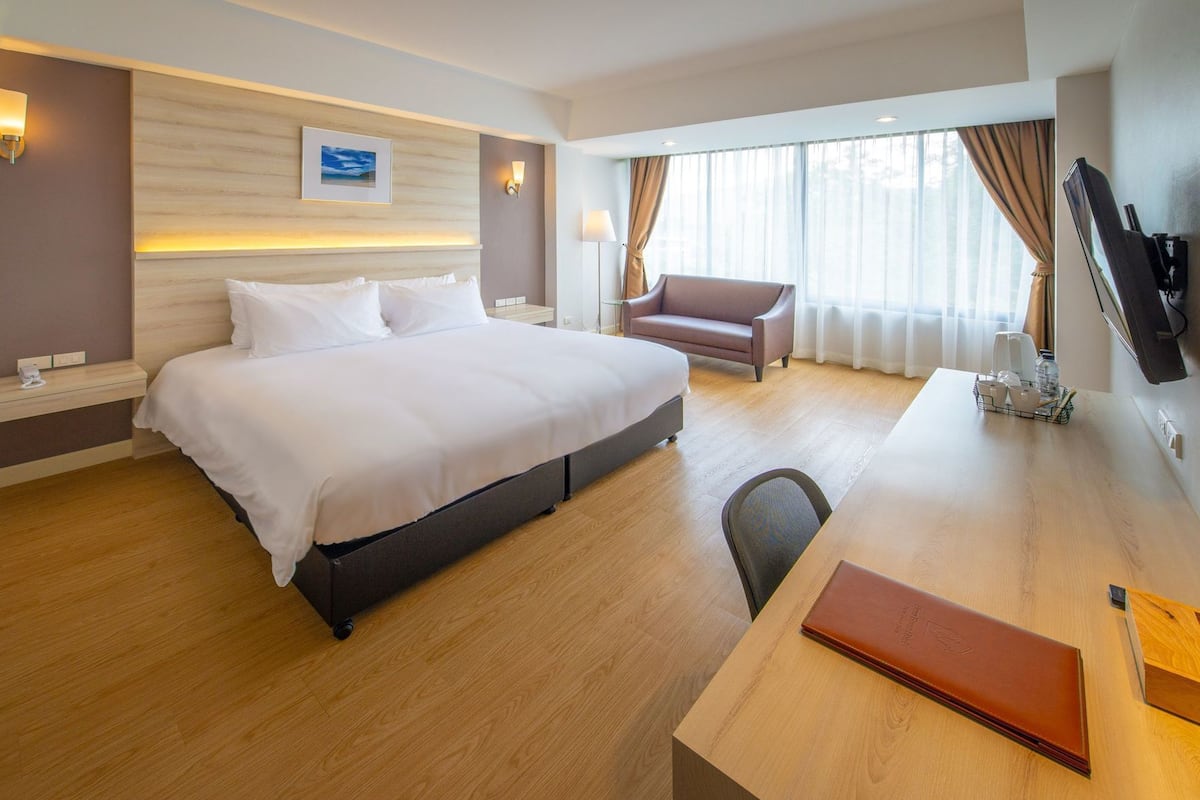 A hotel room with a bed, a desk, a chair, a TV, and a window with curtains.