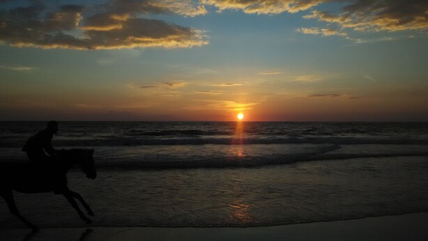 A sunset over the ocean with a silhouette of a person and a horse on the beach.
