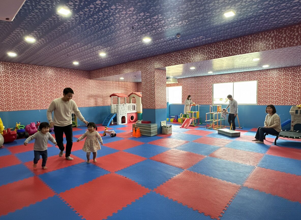 An indoor play area with a blue and red floor, play structures, and adults supervising children.