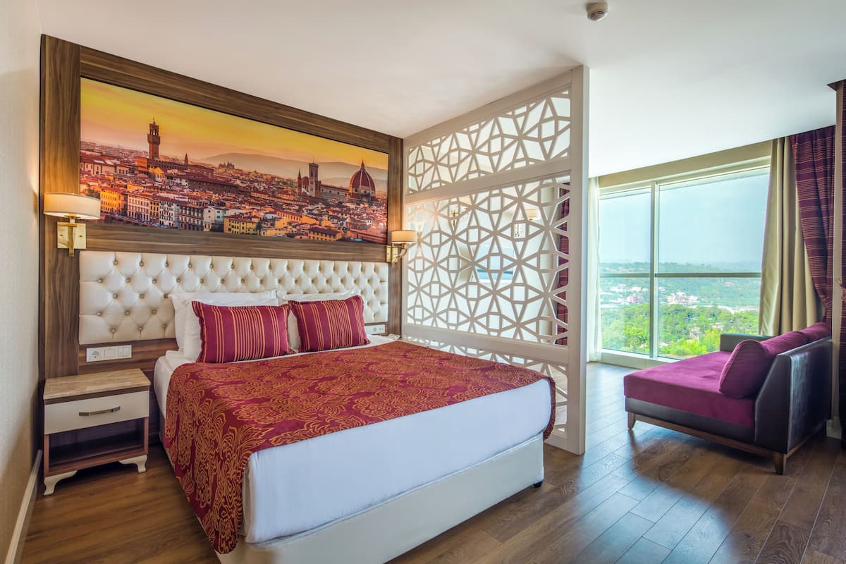 A hotel room with a large bed, a cityscape painting, a decorative partition, and a view of the city.