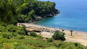 A beach with umbrellas and people, surrounded by greenery and a clear blue sea. - Litore Resort Hotel & Spa - All Inclusive (Alanya)