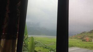 Uitzicht door een raam met gordijn, een groen landschap en een waterpartij in de verte.
