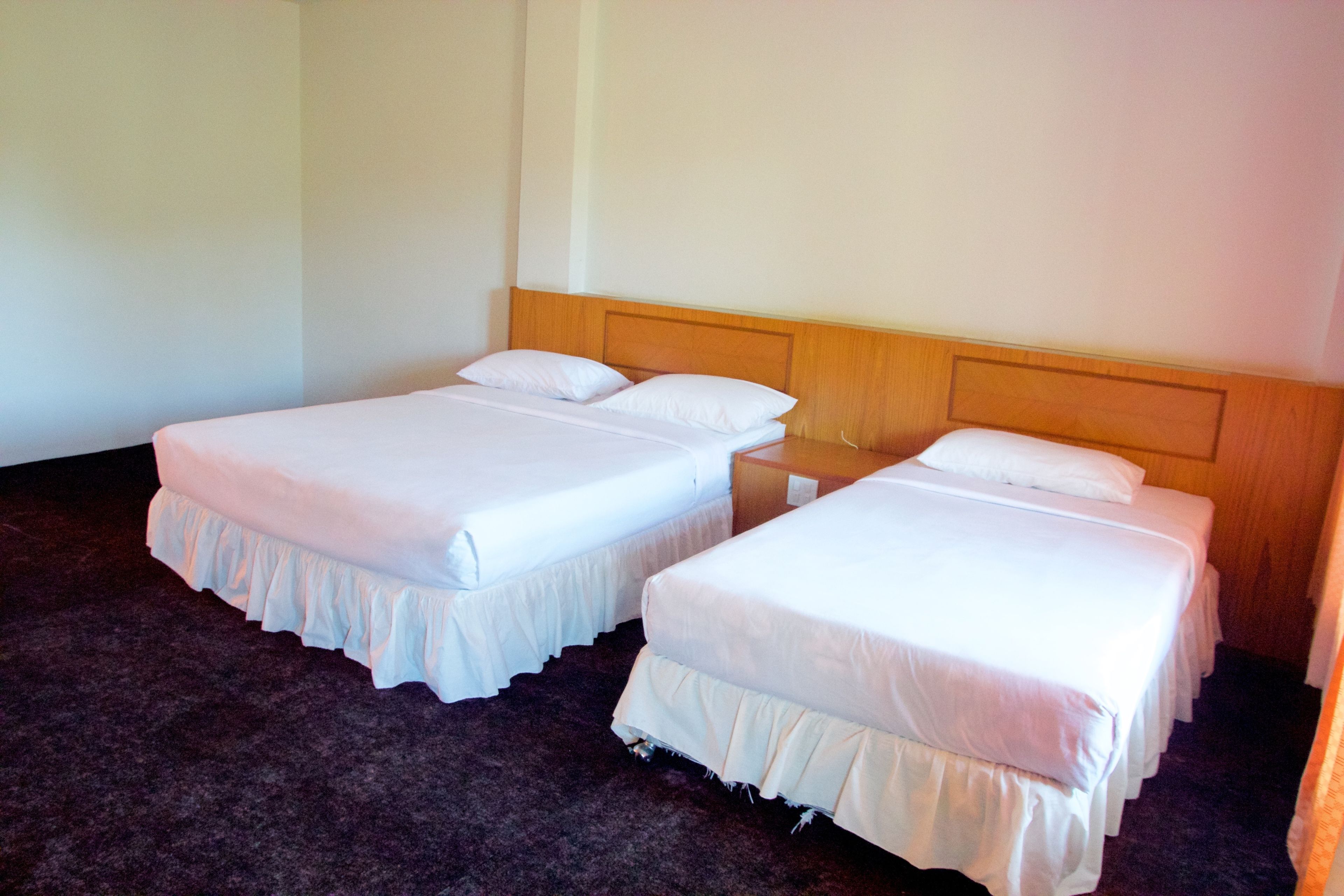 Two single beds with wooden headboards in a room with a dark carpet.