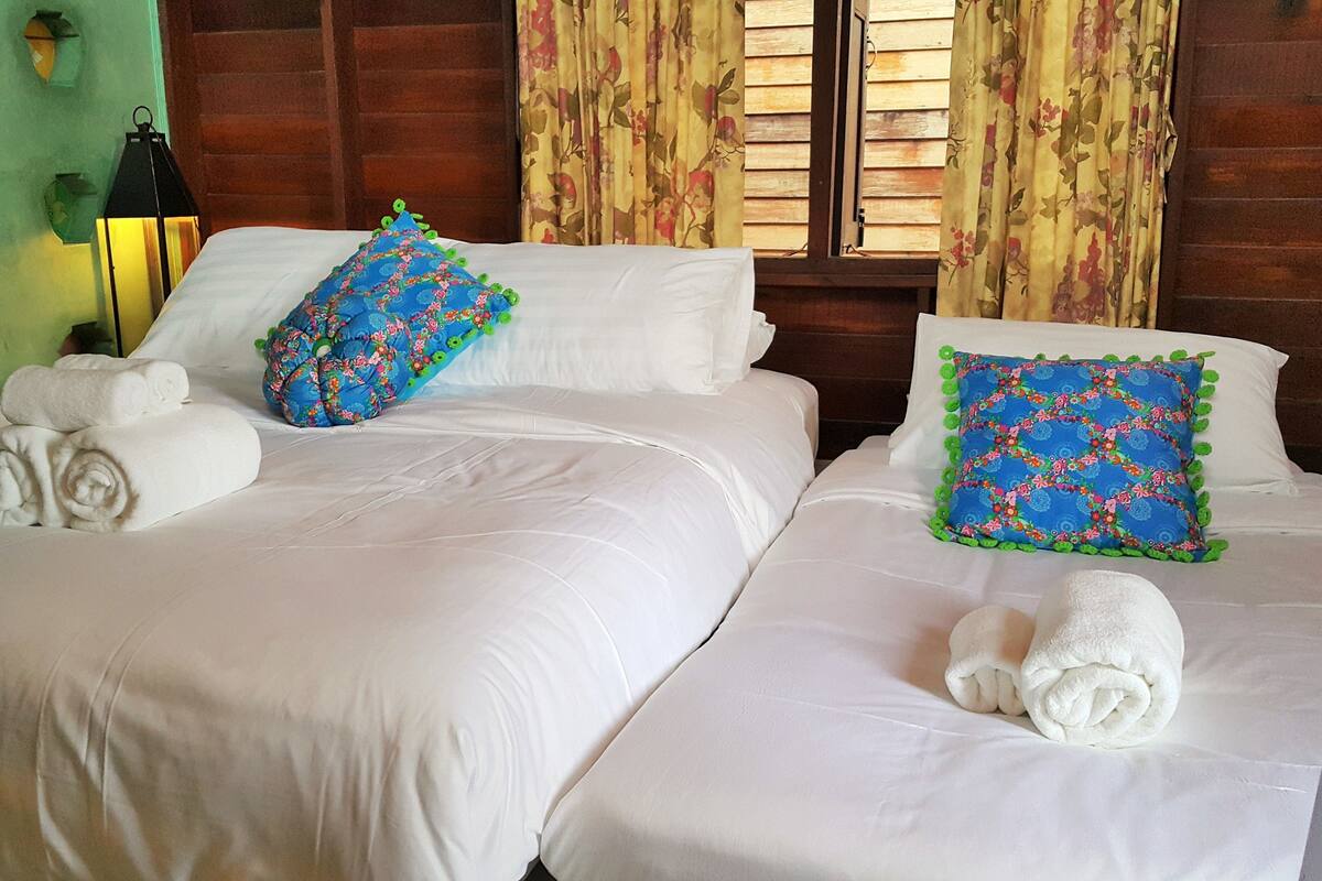 Een hotelkamer met twee bedden, elk voorzien van witte lakens en decoratieve kussens.