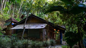 A rustic wooden house with a corrugated metal roof, surrounded by dense tropical foliage. - The Kandy Samadhi Centre (Kundasale)