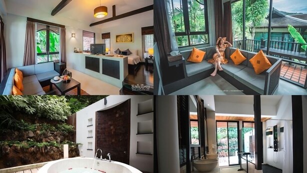 Un interior de hotel moderno con sala de estar, comedor, balcón con vistas, zona de spa con jacuzzi y baño.