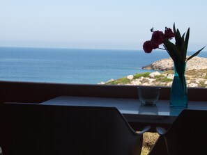 A table with a vase of flowers and a glass, overlooking a coastal view with the sea and rocky terrain. - Georgia Vicky (Chania)