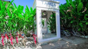 Un bâtiment blanc, avec l’enseigne « TAMOA » au-dessus de l’entrée, entouré d’une végétation luxuriante et de vélos garés à l’extérieur.