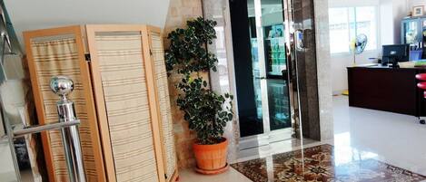 A modern interior with a glass door leading to a kitchen area, a potted plant, and a patterned rug.