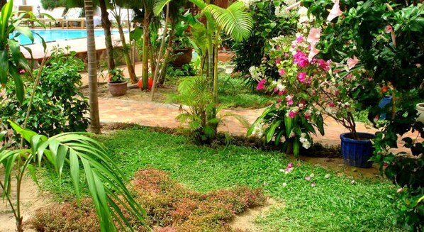 Um jardim exuberante com diversas plantas e flores, um pequeno lago e uma piscina ao fundo.