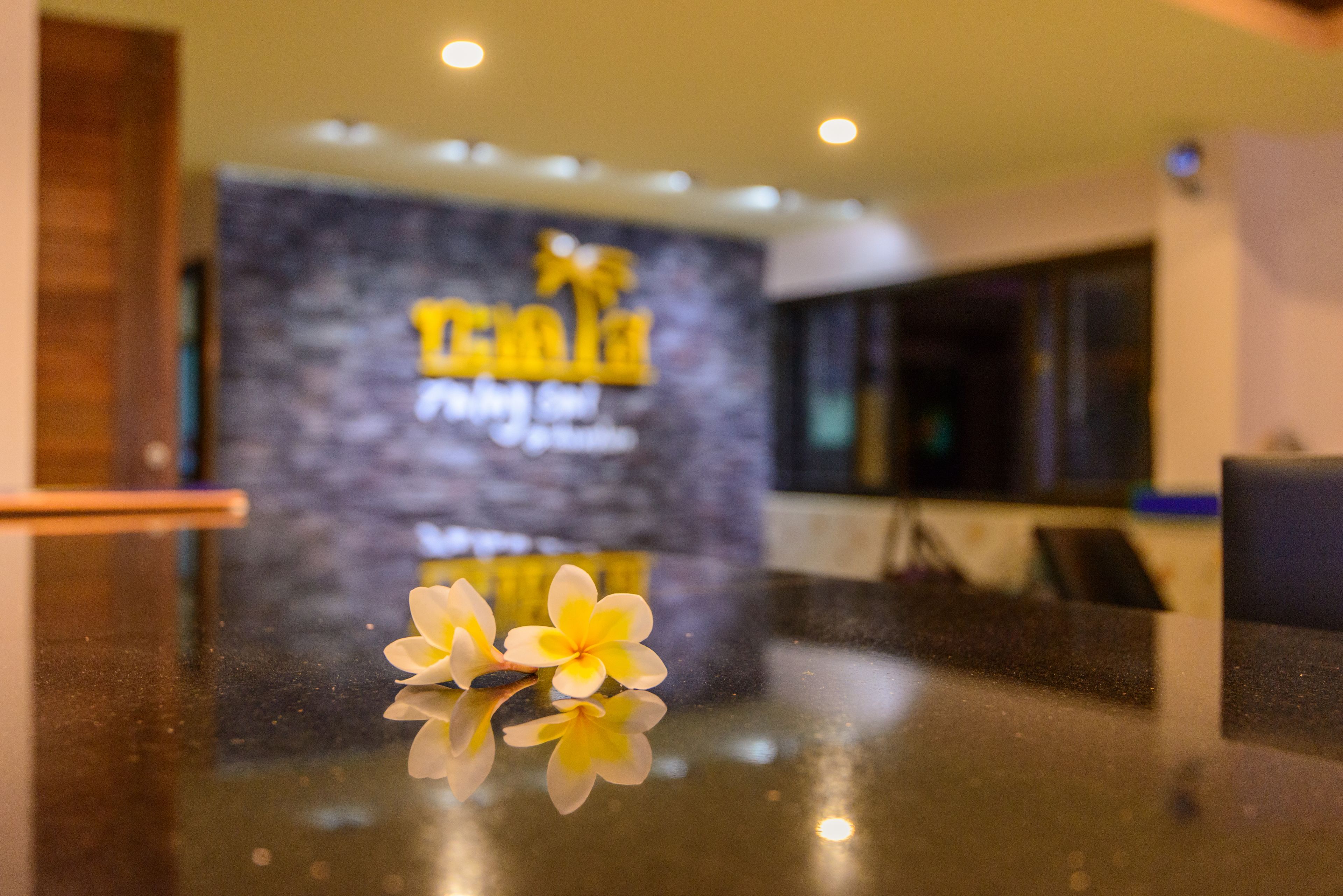 A reception desk with a polished surface and two white flowers. In the background, there is a wall with a logo and text that reads "TRAVEL".