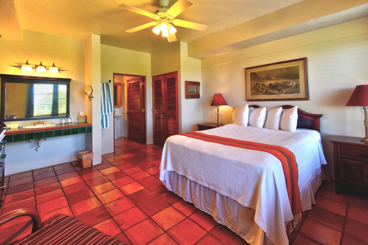 Une chambre d’hôtel comprenant un lit, un bureau avec un miroir, une salle de bain et un ventilateur de plafond.