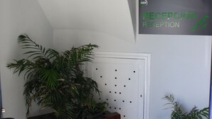 A reception area with a sign reading "RECEPCIÓN," a potted plant, a bench, and a door with a hole pattern.