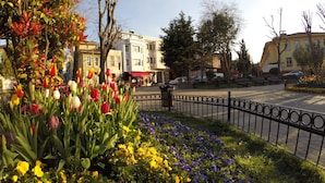 A street with a variety of flowers, including tulips and pansies, and a black metal fence. - Meydan Suites (Istanbul)
