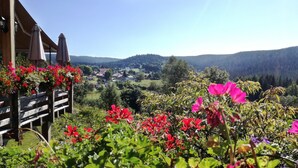 Ein Balkon mit Holzgeländer, einem hängenden Blumenkorb und Blick auf ein Dorf mit Häusern und Hügeln im Hintergrund.