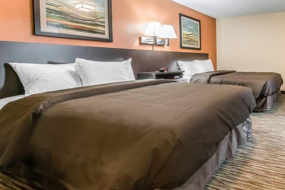 A hotel room with two beds, a nightstand, a lamp, and two framed pictures on the wall.