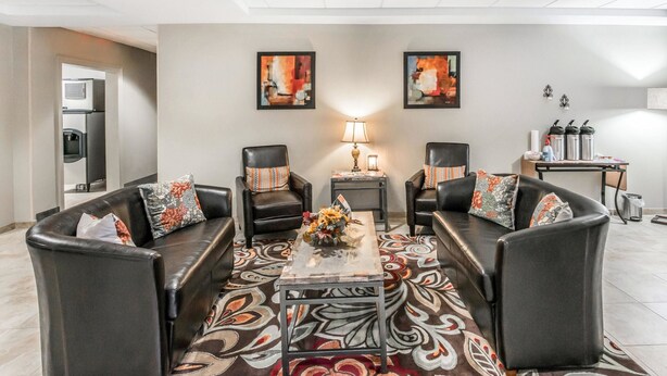 A living room with two black leather sofas, a coffee table, and a patterned rug. There are two wall-mounted paintings, a table lamp, and a small table with decorative items.