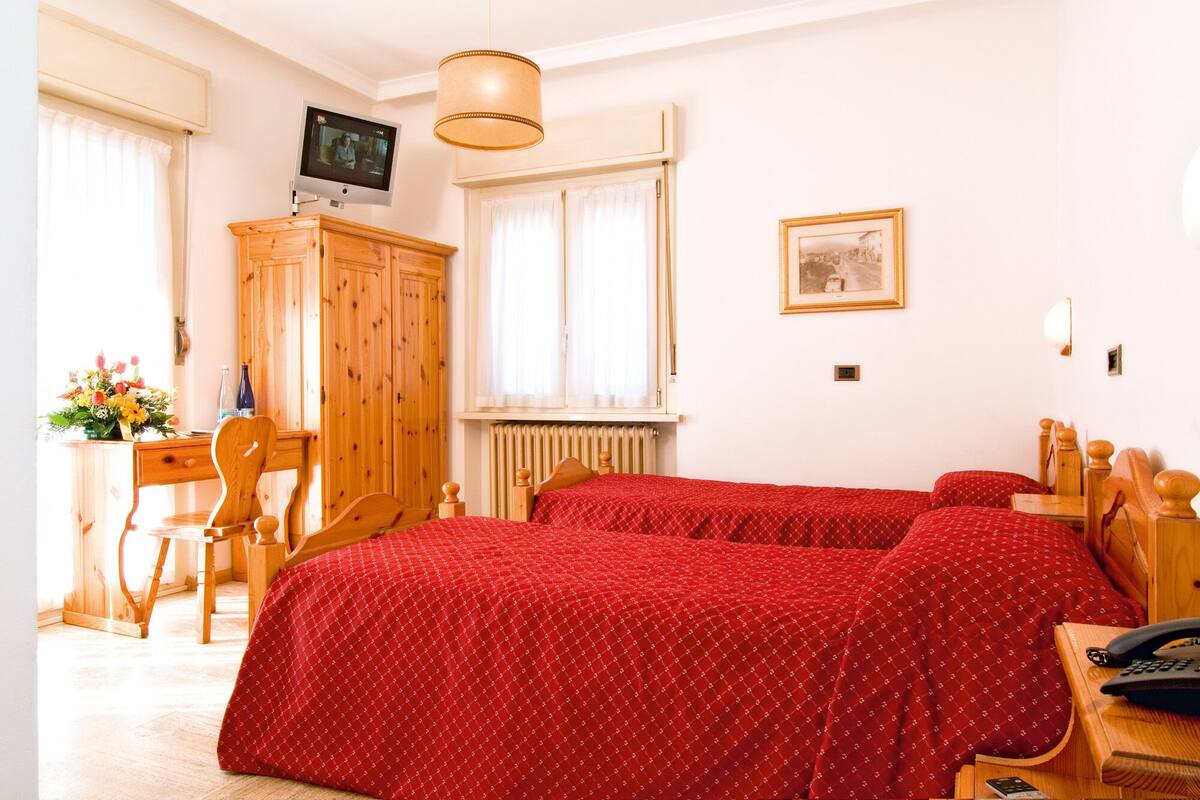A hotel room with two beds, a wooden desk with a chair, a television on the wall, and a radiator.